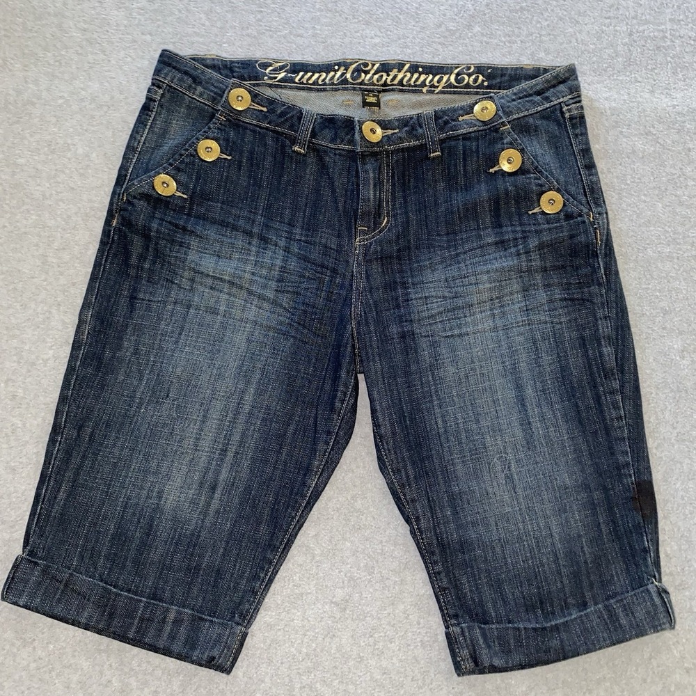 G-Unit Shorts Women's 15 Denim‎ Bermuda Gold Buttons Rhinestone Y2K Hip Hop 50